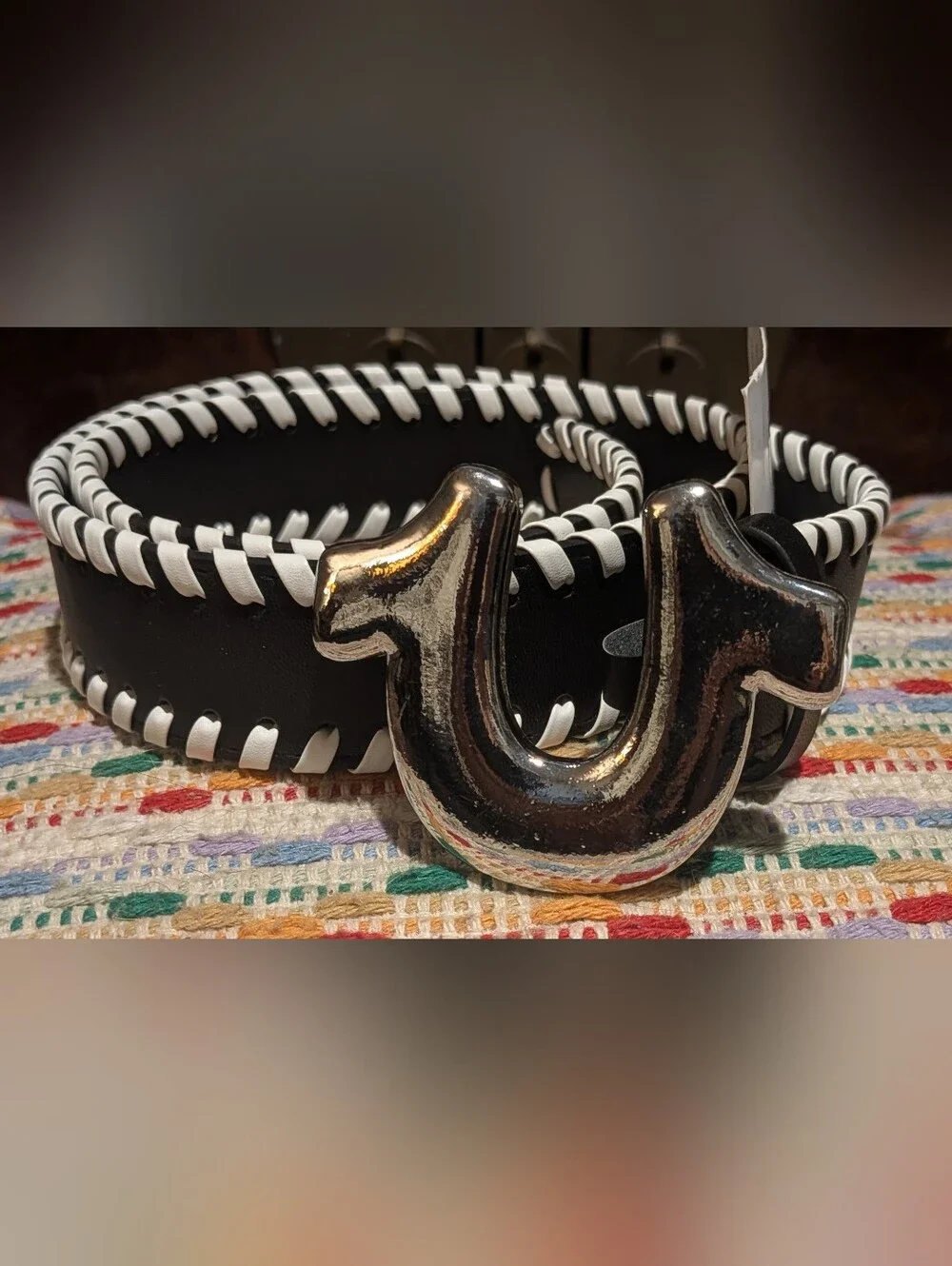 NWT True Religion Mens Size 35 Belt  Black Sage Heavy Silver Horseshoe Buckle
